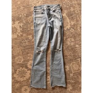 American Eagle Flared Distressed Stretch Raw Hem Denim Jeans Light Blue